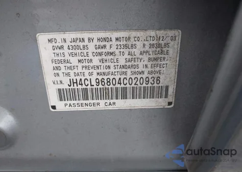 2004 Acura Tsx from USA, damaged, VIN JH4CL96804C020936